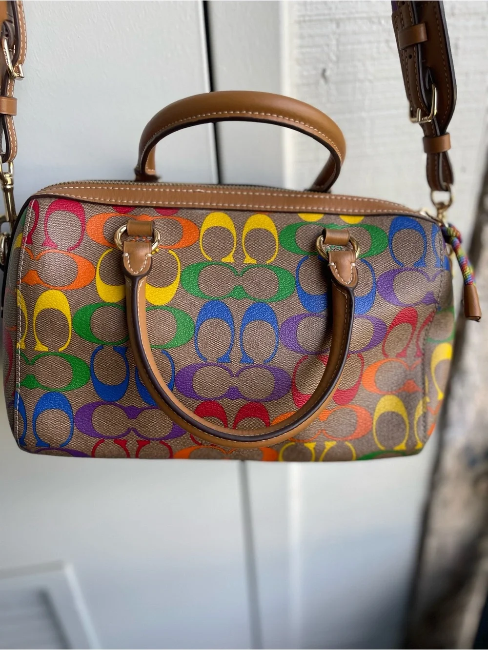 Coach Multicolor crossbody Rainbow Signature Bag in Tan with Leather Trim